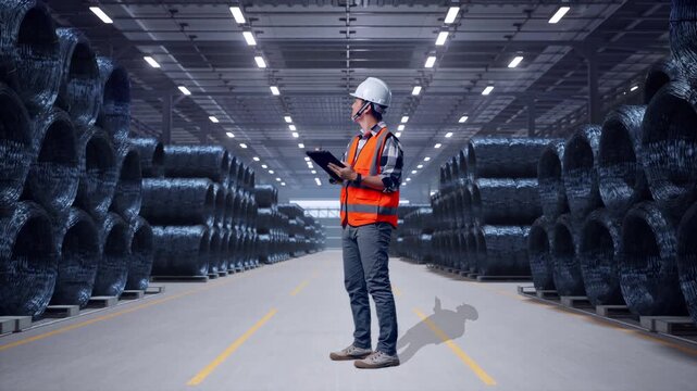 Full Body Side View Of Asian Male Engineer With Safety Helmet Taking Note On The Tablet And Looking Around While Standing with Stacks of Huge Metal Wire Coils