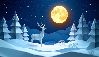 Naklejka premium Merry winter Christmas landscape illustration with snow, pine trees and stars in the night sky
