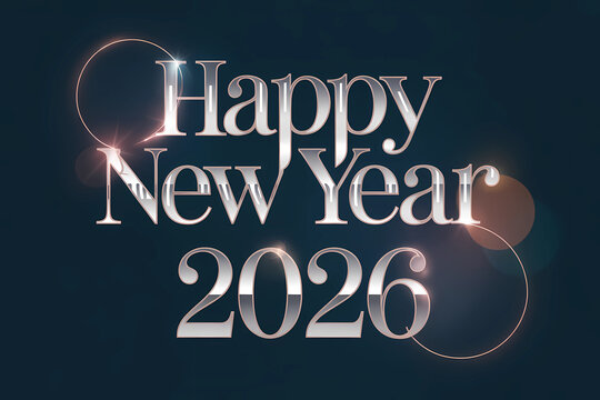 Happy New Year 2026 text effect silver metallic lettering with lens flare festive celebration design