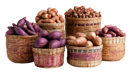 Collection of woven baskets filled with assorted root tubers arranged in rustic natural display isolated on white background

