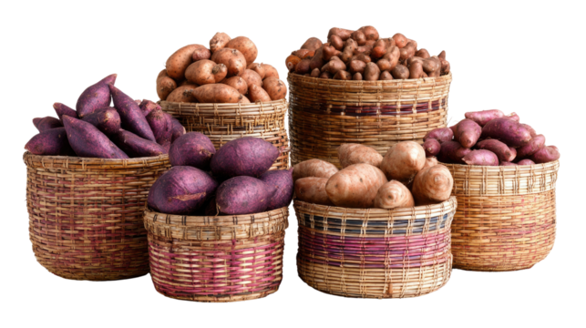 Collection of woven baskets filled with assorted root tubers arranged in rustic natural display isolated on white background

