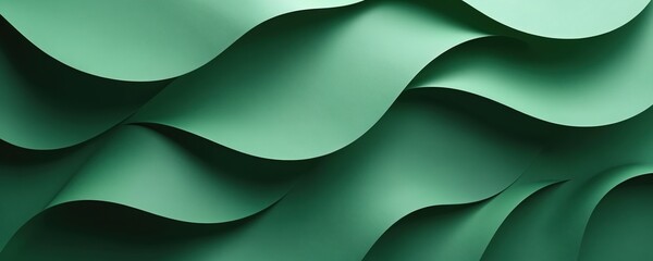Curved paper waves in various shades of green create abstract background. Undulating forms offer ample copy space for text, design elements. Backdrop suits promotions related to nature, eco themes,