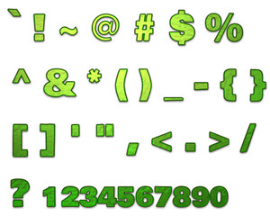 A vibrant green collection of symbols and numbers displayed on a white background in a clear arrangement