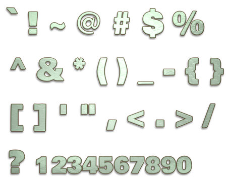 Collection of pale green special characters and numbers arranged on a white background surface