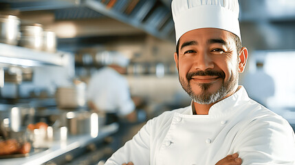 Male chef wearing a white uniform and hat, smiling confidently in a professional kitchen, surrounded by cooking equipment and fellow chefs, showcasing culinary expertise and teamwork