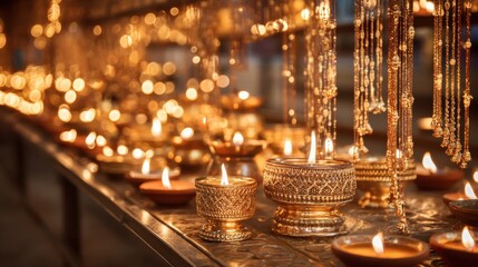 Glowing Candles Illuminating Golden Ornaments in Soft Light