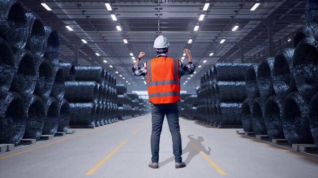 Full Body Back View Of A Male Engineer With Safety Helmet Raising His Hands Celebrating While Working with Stacks of Huge Metal Wire Coils