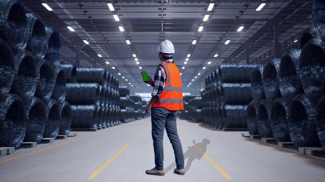 Full Body Back View Of Asian Male Engineer With Safety Helmet Working On A Green Screen Smartphone And Looking Around While Standing with Stacks of Huge Metal Wire Coils
