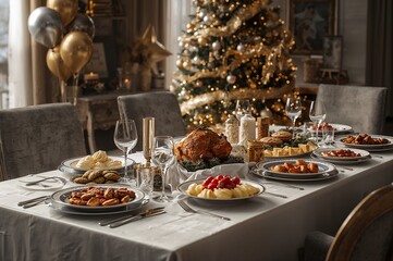 Naklejka premium View of Christmas Dinner table with freshly roasted turkey, mashed potatoes, sugar cookies and a vibrant Christmas tree in the background.