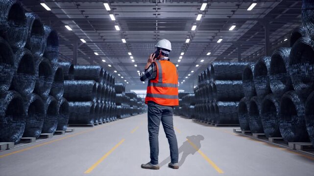 Full Body Back View Of Asian Male Engineer With Safety Helmet Talking On Smartphone While Standing with Stacks of Huge Metal Wire Coils