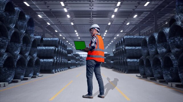 Full Body Back View Of Asian Male Engineer With Safety Helmet Working On A Green Screen Laptop And Looking Around While Standing with Stacks of Huge Metal Wire Coils