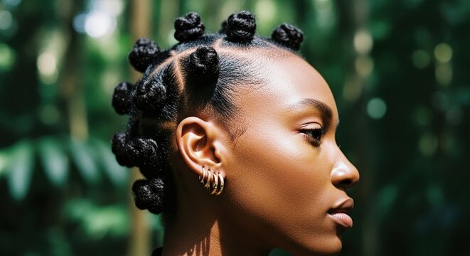 A serene profile of a black african american woman with bantu knots illuminated by soft tropical light &mdash; a portrait of confidence, style, and natural beauty.
