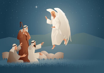 An angel appearing to shepherds in the field at night, announcing the birth of Jesus, with the Star of Bethlehem glowing above.