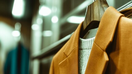 Stylish amber coat and grey sweater on a wooden hanger in a modern fashion boutique with soft