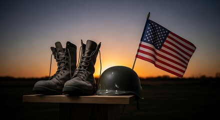 Patriotic Tribute at Sunset: Honoring Military Service with Boots, Helmet and American Flag