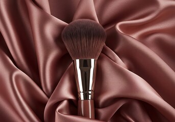 Makeup brush on pink fabric background with soft focus and textured appearance