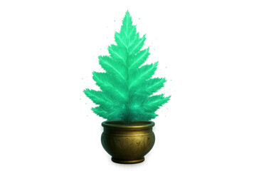 Fantasy christmas tree plant in golden pot, emerald green leaves, creating festive holiday decoration