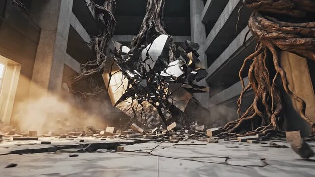 An unseen energy unleashes chaos in a decaying building, causing walls to crack and roots to burst forth. Debris fills the air as nature starts reclaiming its space, creating a surreal scene.