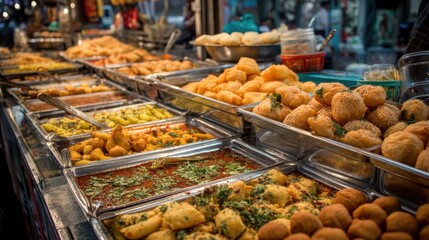 Colorful Variety of Street Food at a Vibrant Market Stall
