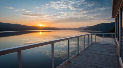 Obraz premium Serene Sunrise Over Tranquil Lake with Wooden Deck and Scenic Mountains Reflected in Calm Waters Under Colorful Sky at Dawn