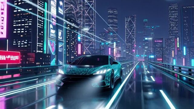 Experience the future with this sleek self-driving car cruising through a vibrant cyberpunk city at night, drones flying overhead in a futuristic cityscape