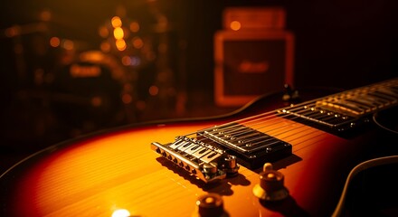 Warmly lit electric guitar on a dark stage, showcasing musical instrument