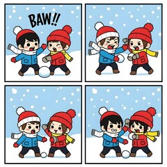 Happy children playing fierce winter snowball fight game
