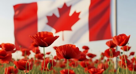 Vibrant poppies and the Canadian flag symbolizing remembrance day and national pride