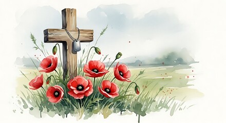 Watercolor Remembrance Day Illustration with Poppies Cross and Military Dog Tag for Honor