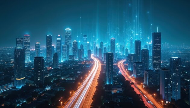 Glowing skyscrapers in a city at night with light trails on roads. Digital data streams connect buildings. Futuristic urban landscape glows with blue and orange lights.