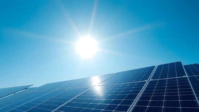 Photovoltaic solar panels reflecting the bright sun against a clear blue sky, generating renewable energy.