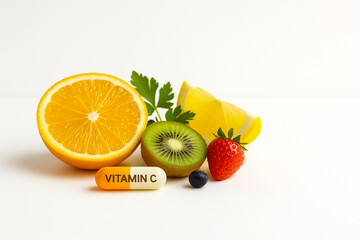 Vitamin C concept with orange, lemon, kiwi, strawberry, and pill capsule on a white background. Natural immunity boost and healthy nutrition idea.