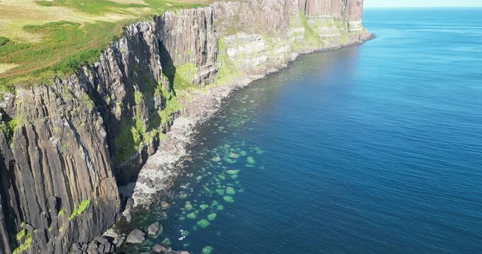 Drone view of Kilt Rock & Mealt Falls, Isle of Skye, Scotland