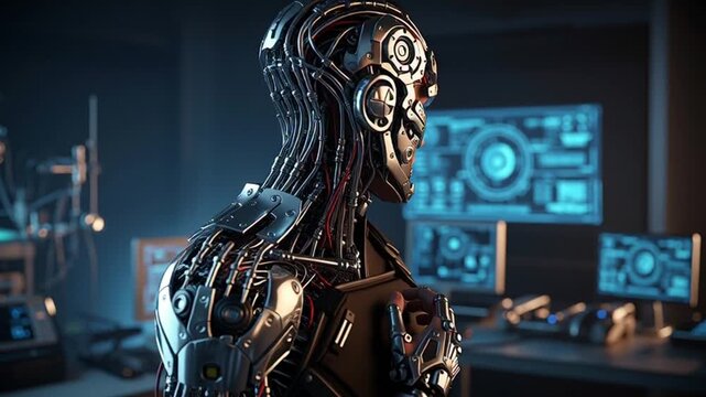 Futuristic cyborg man in a laboratory setting, a glimpse into the future of tech and humanity, exploring the boundaries of science and technology