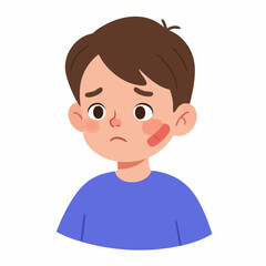 Flat Style Emotional Unhappy Boy with Bandage on Face Illustration