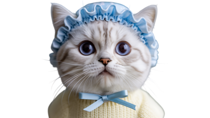 Cute Silver Tabby Kitten Wearing Blue Bonnet And Bow Isolated On Transparent Background