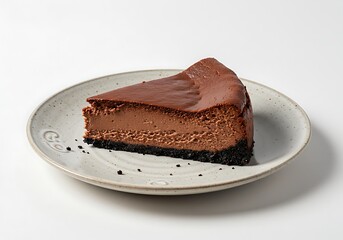 Delicious chocolate cheesecake slice on ceramic plate against a clean white backdrop