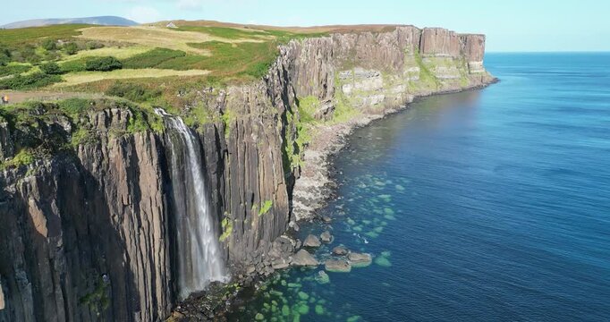 Drone view of Kilt Rock & Mealt Falls, Isle of Skye, Scotland