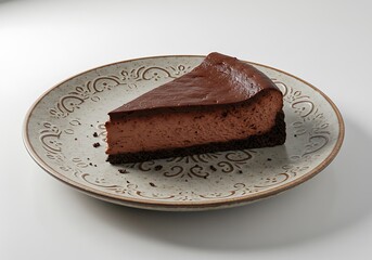 Delicious chocolate cheesecake slice on decorative plate isolated