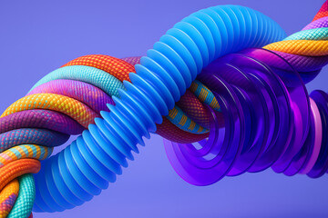 Twisting tubes in vivid colors modern art installation on violet gradient background