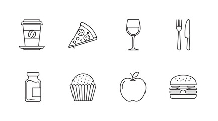 Hand drawn food and drink icons set simple sketch style for culinary themes vector