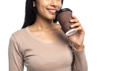 Woman Drinking Coffee in Brown Ripple Paper Coffee Cup with Black Lid, Isolated on Transparent Background