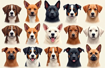 Fototapeta premium Collection of diverse dog breed portraits, featuring various colors, ear shapes. Includes canine faces for pet lover content, vet clinic graphics, animal shelters ads, dog training guides, breed