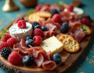 Delicious charcuterie board features cheese salami crackers berries. Arrangement includes raspberries blueberries blackberries. Appetizers ready for dining party celebration. Food photo perfect