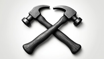 Two crossed hammers illustration on white. Blacksmithing workshop repair logo sign. Black tool crossed. Construction icon. Carpenter shop equipment. Industrial metal object.