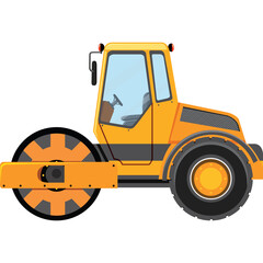 Yellow Compactor Roller Vehicle With Large Drum and Black Tires on Transparent Background in Sunlight
