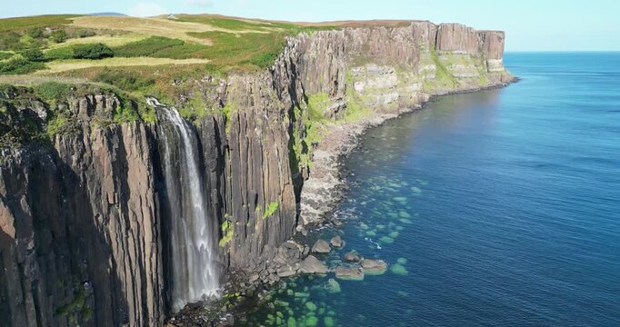 Drone view of Kilt Rock & Mealt Falls, Isle of Skye, Scotland