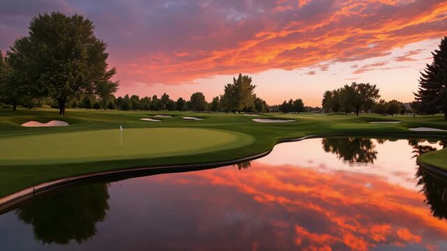 Peaceful sunset reflecting on the water at a golf course, surrounded by green landscapes and trees