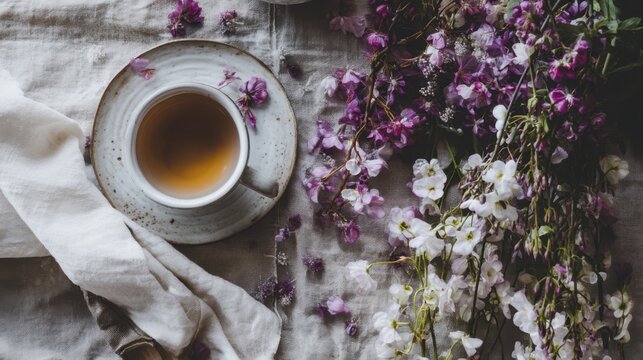 Delicate Tea Setting with Flowers on Rustic Linen Background