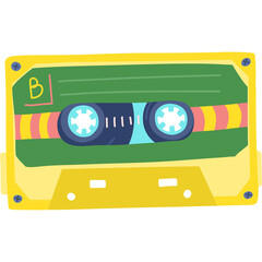 Yellow cartoon cassette tape with green label and blue white spools isolated on white background